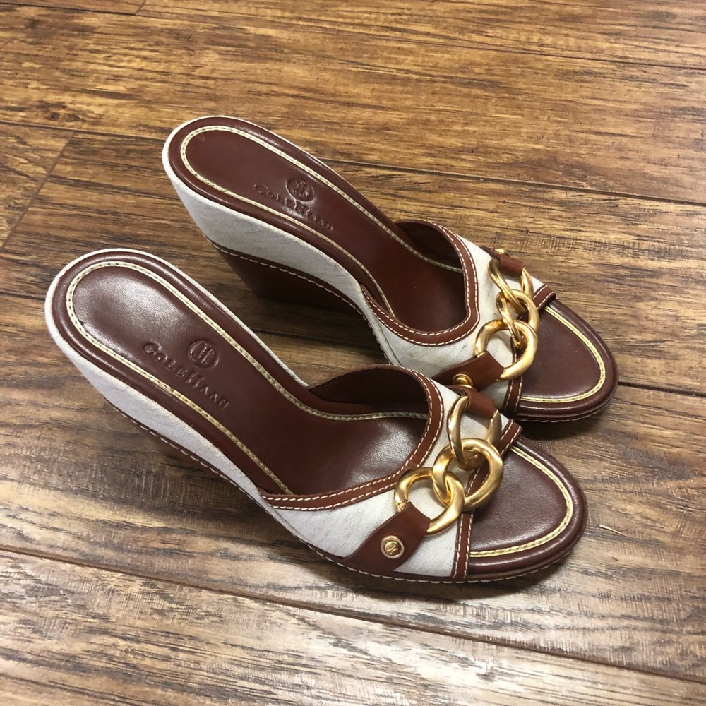 Cole Haan Tan and Cream Wedges with Gold Detail